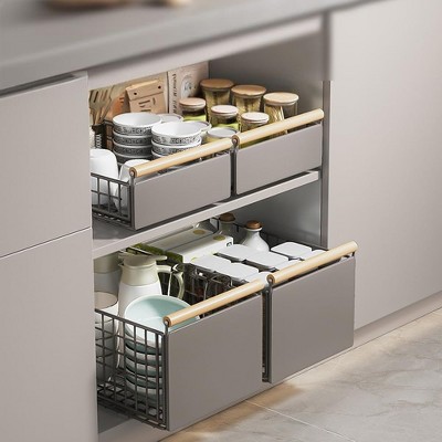 Metal Kitchen Extendable Drawer, Telescopic Kitchen Cabinet Drawer Pull-Out Cupboard Organiser or Drilling Under Sink Shelf For Cabinet Cupboard