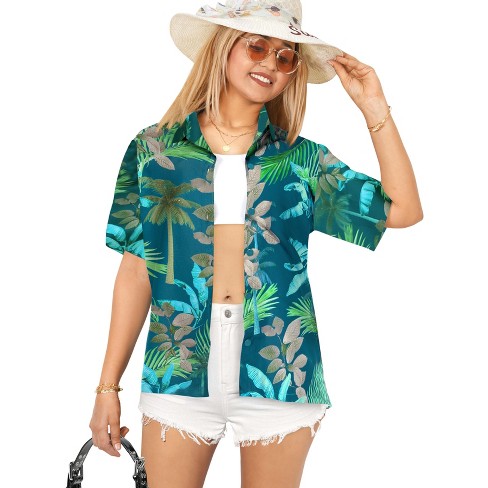 HAPPY BAY Hawaiian Shirts Womens Funky Short Sleeve Tropical Vacation Button Up Blouse Top Shirt Summer Button Down Party Floral Shirts - image 1 of 4