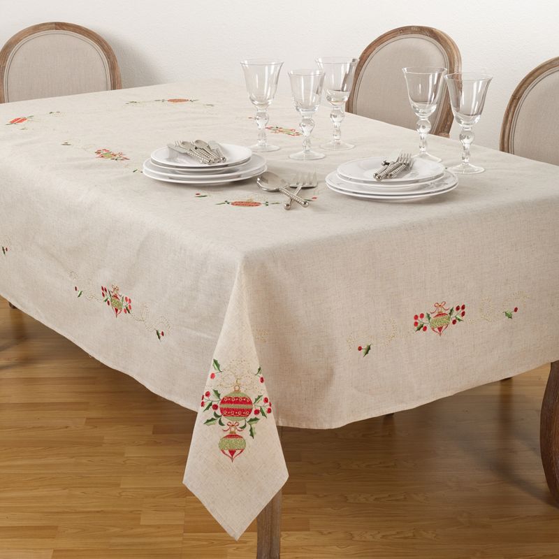 Saro Lifestyle Embroidered Ornament Holly Design Holiday Linen Blend Tablecloth, 1 of 5