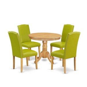 Farmhouse Round Dining Set - 5Pc Table & Chairs, 36" Table, Oak Legs, PU Leather, Autumn Green - 1 of 4