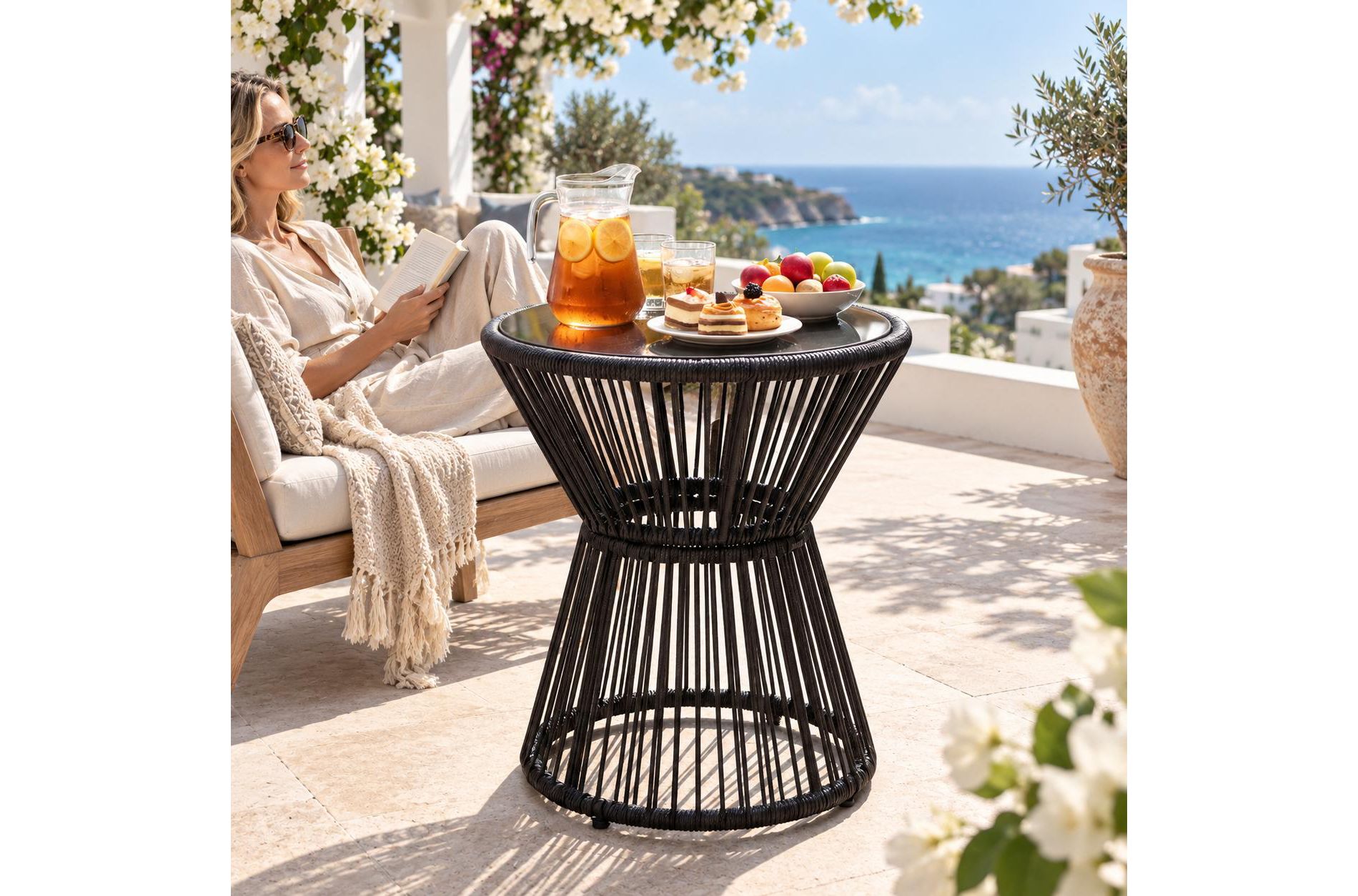 Rattan Outdoor Side Table with LED Warm Light and Tempered Glass Top, Black