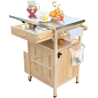 LunaLulinlk 40.5" Outdoor Grill Cart with Stainless Steel Top, Solid Wood Outdoor Storage Cabinet with Drop Leaf, One Drawer