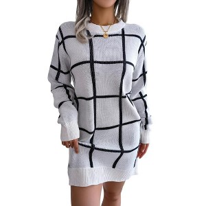 Coolmee Women's Sweater Dress Winter Cable Knit Crewneck Lantern Sleeve Pullover Sweaters - 1 of 4