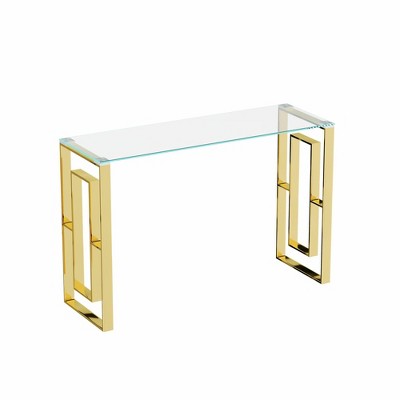 Lirago 15.7"D * 47.2"W * 30.3"H Stainless Steel Glass Console Table with Gold Accents-Minimalist Design for Living Room & Dining Area
