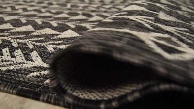 Black and Ivory Geometric Bohemian Indoor/Outdoor Rug