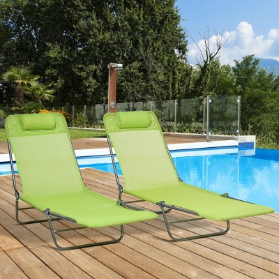 Green Mesh Folding Chaise Lounge Chairs with Cushions, Set of 2
