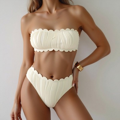 Knit & Lounge Women’s Bandeau Bikini Set Sculpted Texture Scalloped Edge High Waist Cheeky Swimwear