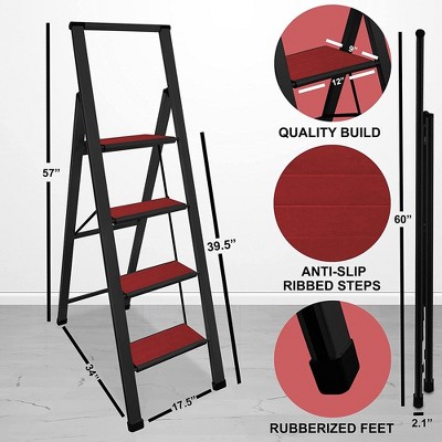 4-Step Black and Red Aluminum Folding Ladder