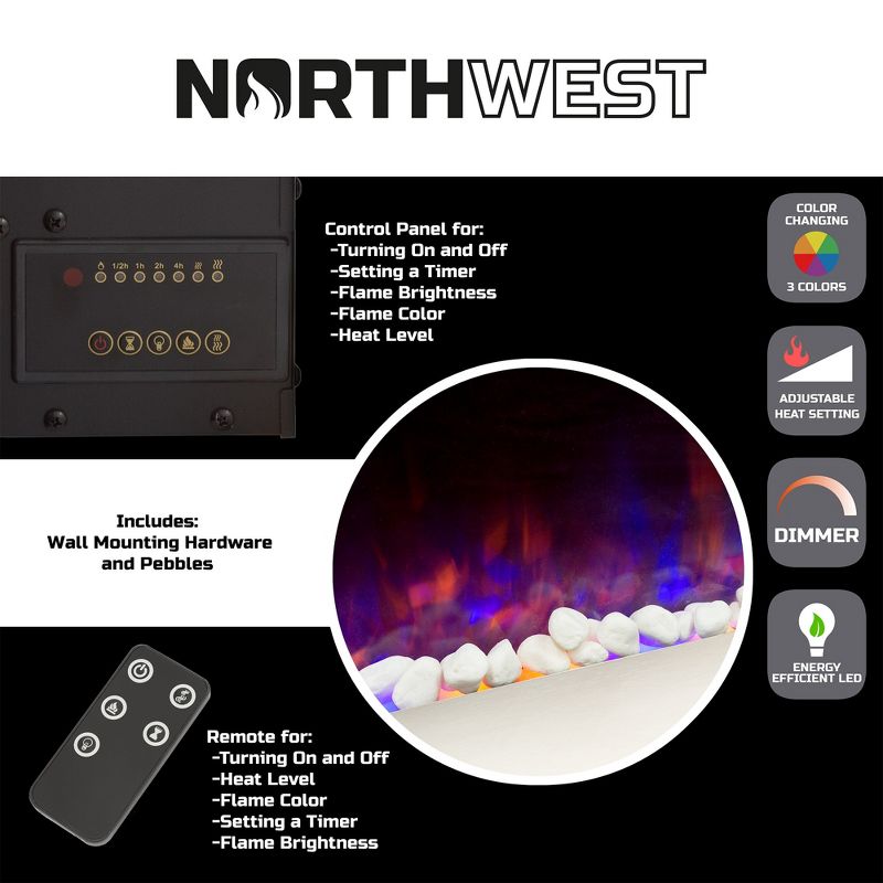 Wall-Mounted Electric Fireplace - Indoor LED Fireplace Heater with Remote, Crystals, and Adjustable Fire and Ice Flame Options by Northwest (Silver), 5 of 11
