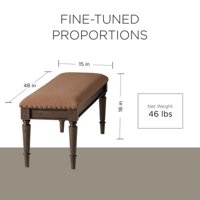 Elizabeth Traditional Brown Upholstered Wooden Bench with Nailhead Trim