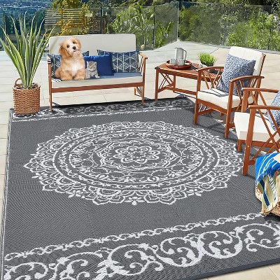 Waterproof Outdoor Rug - Reversible Plastic Straw w/ Leaf Pattern - For Patio, Deck, RV, Camping
