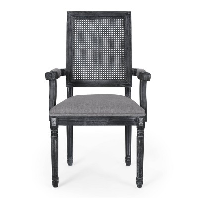 Gray Upholstered Arm Chairs with Cane Back and Weathered Wood Frame