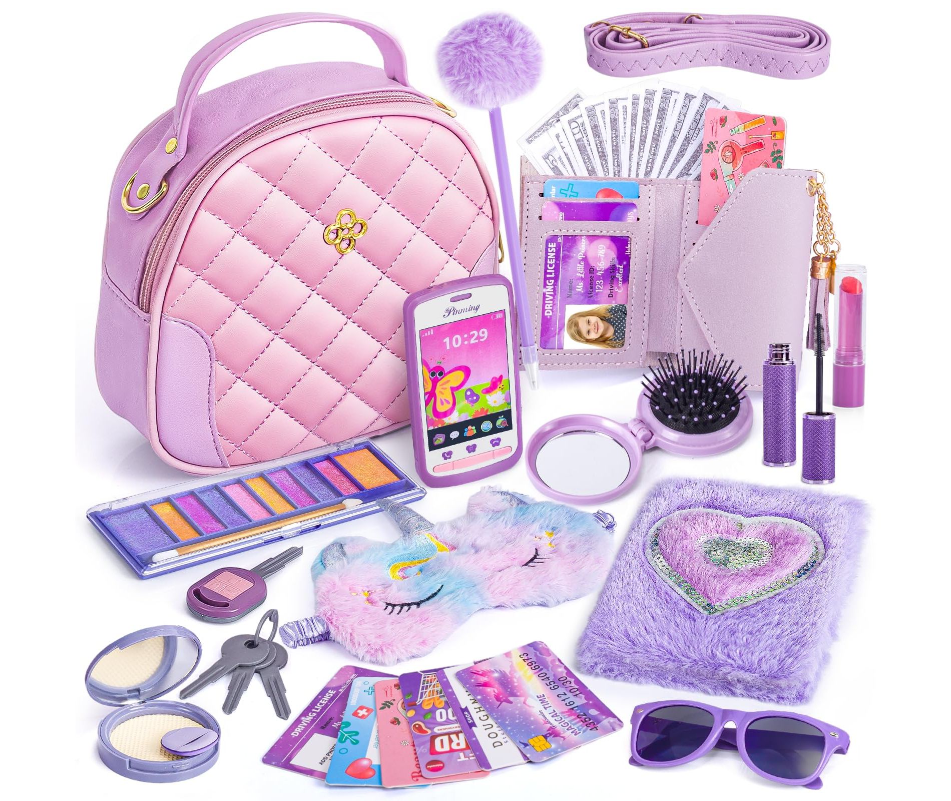 Angel Sar Play Purse Set, 47-Piece Princess Pretend Play Toy with Unicorn Eye Mask, Diary, Phone, Makeup, Gift for Girls 3+