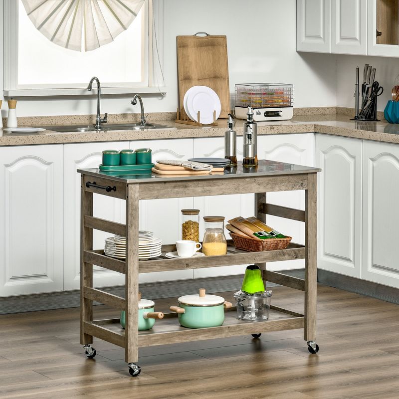 HOMCOM Rolling Kitchen Cart with Stainless Steel Countertop, 1 Bottom Shelf, 1 Slotted Middle Shelf and 4 Castor Wheels, Gray, 3 of 7