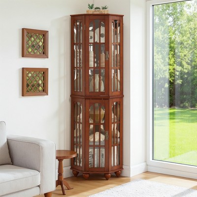 Wooakway 70"H White Corner Curio Cabinet with 4 Adjustable Glass Shelves Lighting System and Solid Wood Legs