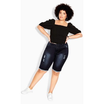 CITY CHIC | Women's Plus Size Turn Up Distressed Detail Knee Length Short - dark denim - 22W