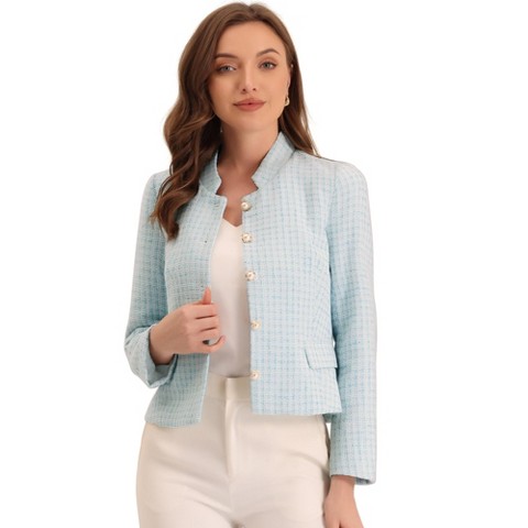 INSPIRE CHIC Women's Plaid Tweed Long Sleeve Button Down Work Office Short Jacket Light Blue Medium