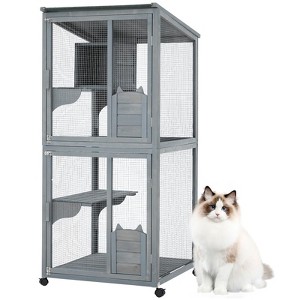 69 inch Wooden Catio Outdoor Cat Enclosure, Indoor and Outdoor Catio with Waterproof Roof and Resting Boxes & Fixable Wheels - 1 of 4