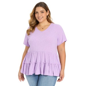 Women's Plus Size Textured Tiered Pleated V Neck Short Sleeve Casual Summer Peplum Babydoll Blouses - GRACE & GRANDEUR - 1 of 4