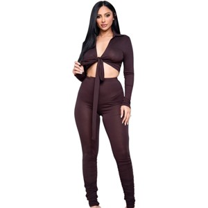 Slickblue Heavy Rayon Spandex Top with Leggings, Tie Front & Ruched Detail, 2 Piece Set, Soft Fit, Brown, Size S-L - 1 of 4