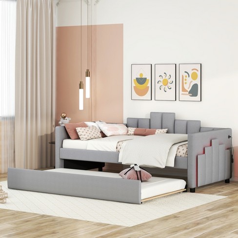 Twin Size Upholstered Daybed With Trundle Bed, Light And Usb Port, Gray ...