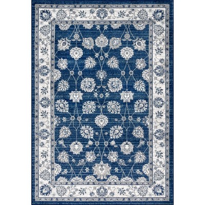 Ivory and Blue Floral Synthetic 4' x 6' Area Rug