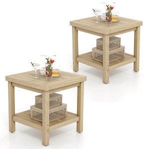 Costway 1/2 PCS 2-Tier Outdoor Side Table, Teak Wood End Table with Storage Shelf Natural - 1 of 4