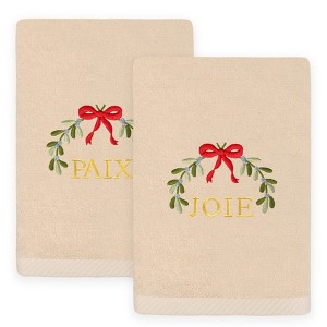 Linum Home Textiles Christmas MISTLETOE PAIX & JOIE - Embroidered Luxury 100% Turkish Cotton Hand Towels - 1 of 4