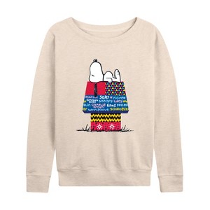Women's - Peanuts - Snoopy Patchwork Doghouse Lightweight French Terry Wide Neck Long Sleeve Shirt - 1 of 4