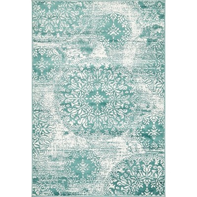 Turquoise and White Synthetic Low Pile Bohemian Area Rug