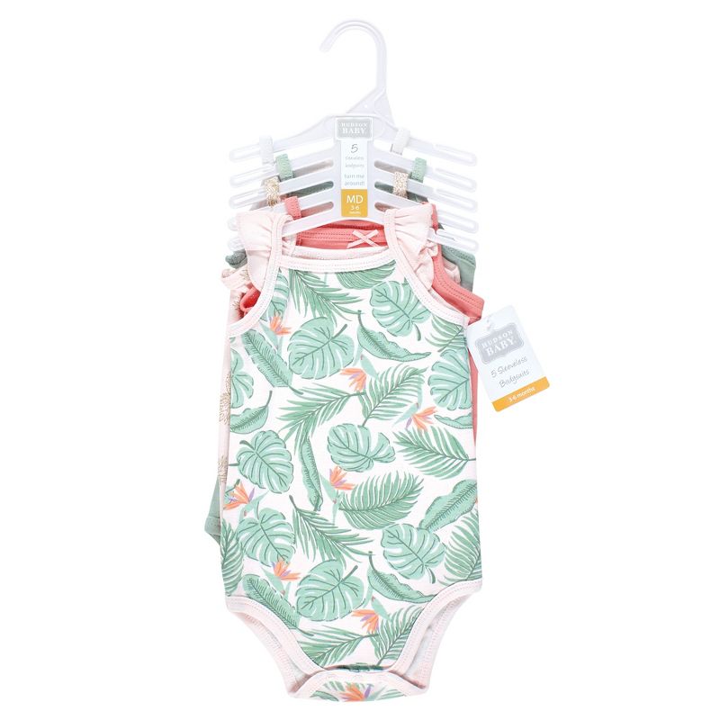Hudson Baby Infant Girl Cotton Sleeveless Bodysuits, Palm Flamingo, 2 of 8
