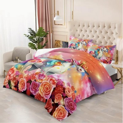 Boersma 3D Printed Unicorn Bedding Set | Lovely Pink Rainbow Comforter, All-Season Quilt with Colorful Floral Design, Includes 2 Pillowcases