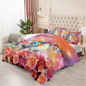 Boersma 3D Printed Unicorn Bedding Set | Lovely Pink Rainbow Comforter, All-Season Quilt with Colorful Floral Design, Includes 2 Pillowcases - 1 of 4