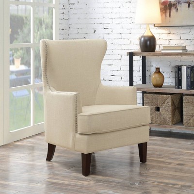 Transitional Cream Winged Accent Chair with Silver Nailhead Trim