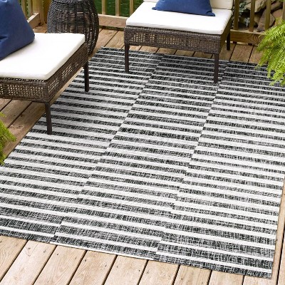 Ivory and Black Stripe Synthetic 8' x 10' Easy-Care Rug