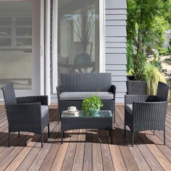 Patio Furniture Set – 4-Piece Rattan Outdoor Sofa, 2 Cushioned Chairs, and Table Combo for Deck, Pool, or Porch Furniture by Lavish Home (Gray)