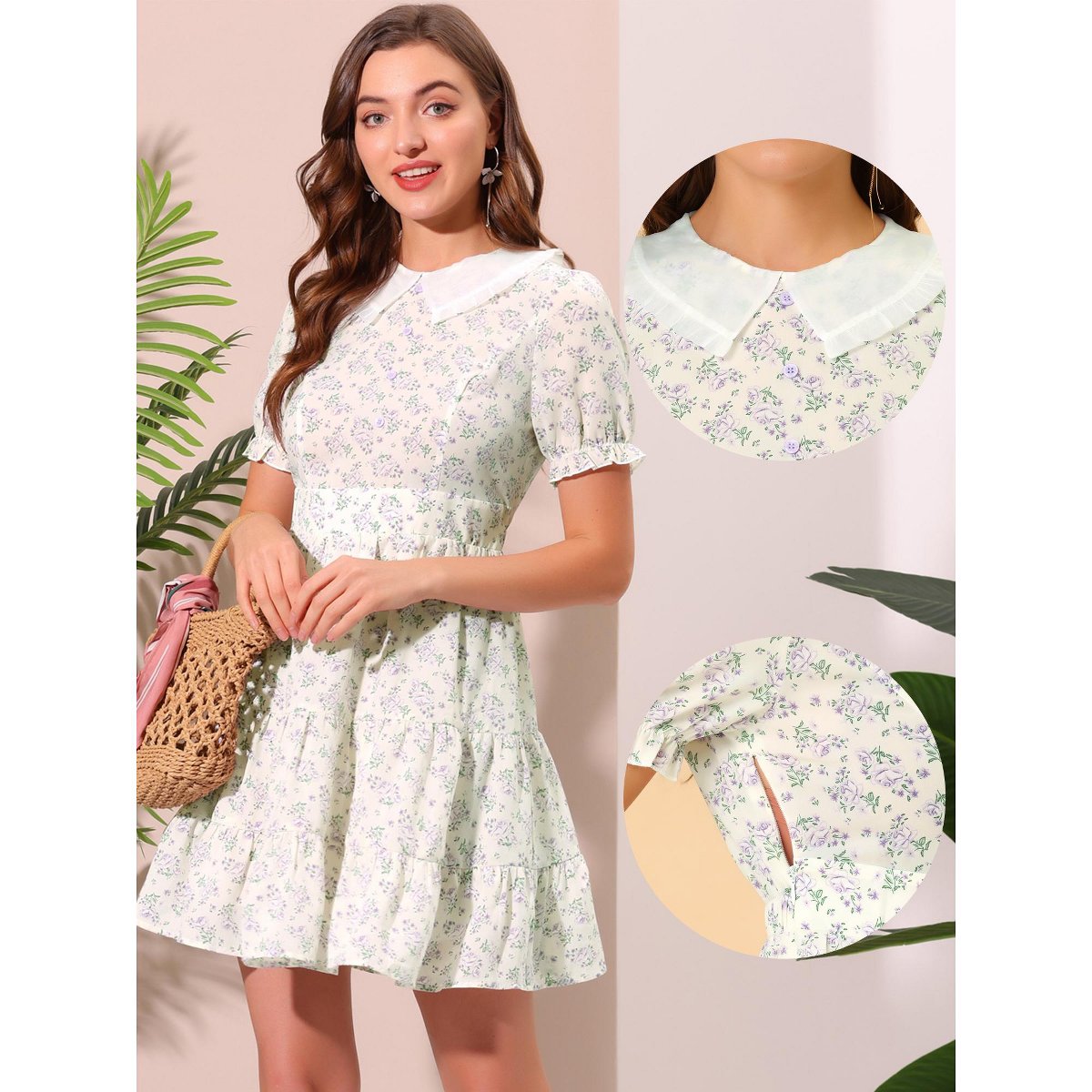 Женские платья INSPIRE CHIC Women's Fit and Flare Peter Pan Collar Floral Dress White Small — фото 2