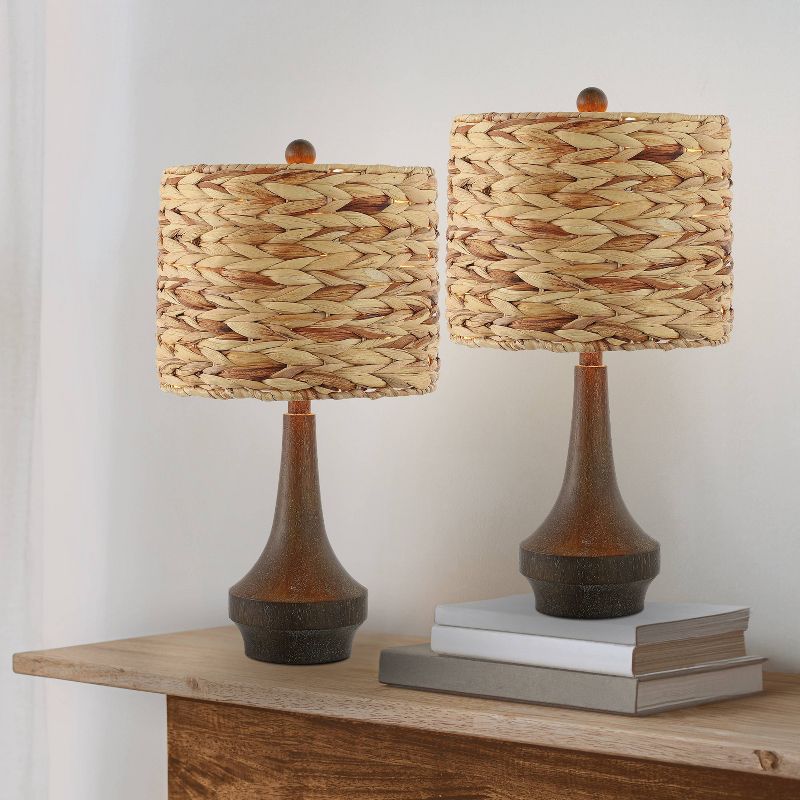 Set of 2 21.25&#34;Leona Rustic Farmhouse Handwoven Rattan/Resin Table Lamps (Includes LED Light Bulb) Brown Wood Finish - JONATHAN Y, 4 of 10