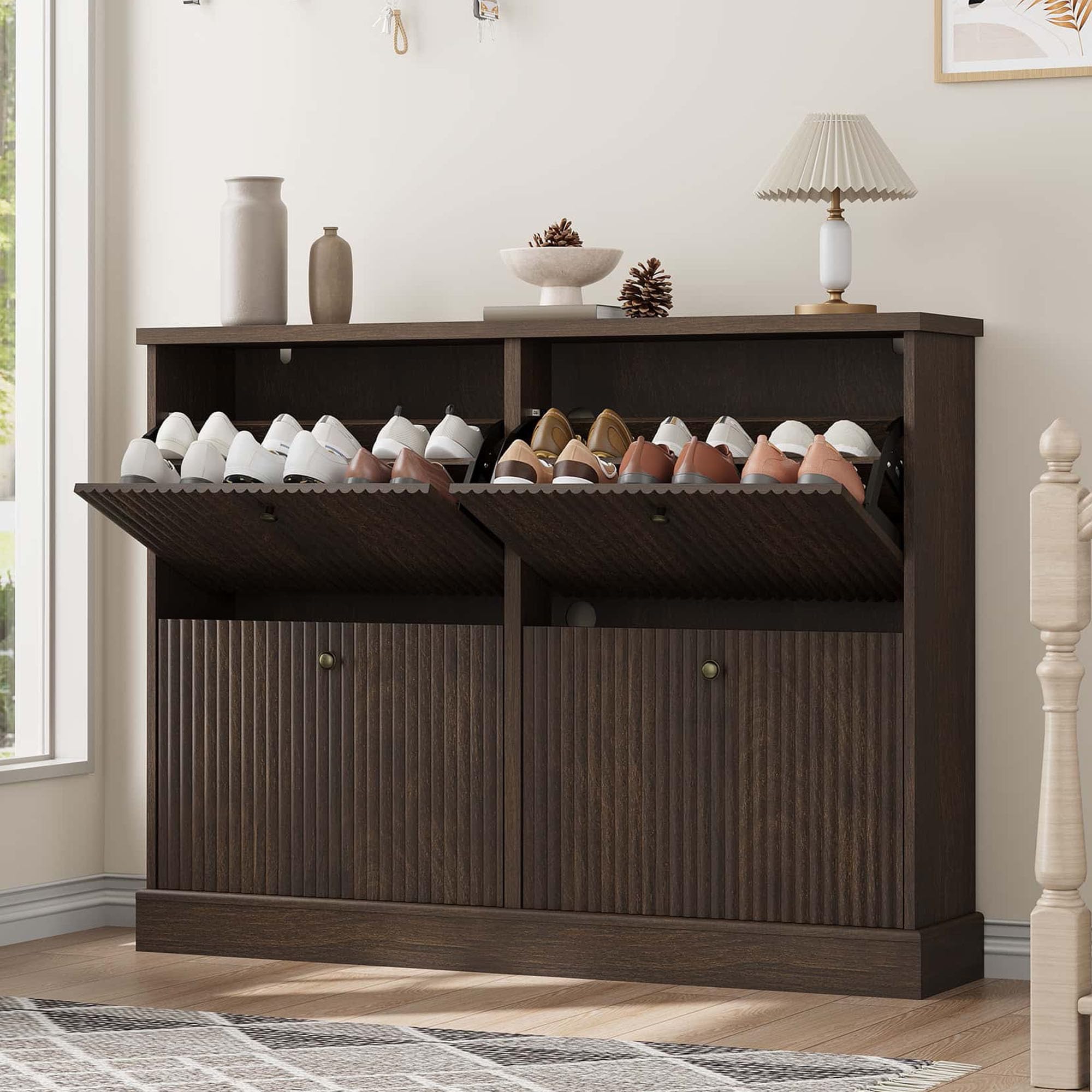 Shoe Cabinet with 4 Flip Drawers, Hidden Wooden Fluted Shoe Cabinet with Adjustable Shelf, Freestanding Shoe Storage Cabinet