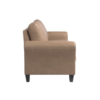 Brown Faux Leather Sofa with Rolled Arms and Wood Legs