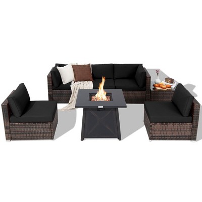 Tangkula 7PCS Rattan Patio Sectional Furniture Set w/ 30" Fire Pit Table & Cushion