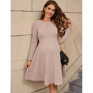 Maternity Sweater Dress Round Neck Long Sleeve Ribbed Knit Midi Dress Baby Shower Photoshoot Khaki L - 1 of 4