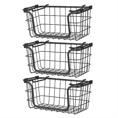 LunaLulinlk Stackable Metal Wire Storage Basket Set for Pantry, Countertop, Kitchen or Bathroom – Black, Set of 3