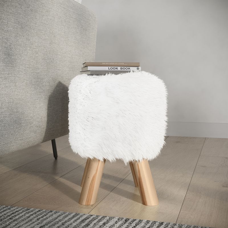 Lavish Home Round Faux Fur Ottoman, Footrest, or Accent Stool (White), 2 of 8