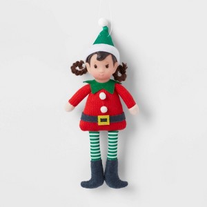 Fabric Elf Child with Braids and Green Hat Christmas Tree Ornament - Wondershop™: Indoor Holiday Decor, Polyester, 9" Height - 1 of 3