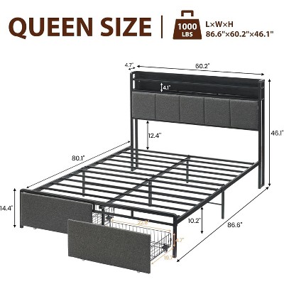Jojoka Bed Frame with Headboard and 2 Storage Drawers,Upholstered Platform Bed Frame with Chargin Station and LED Lights