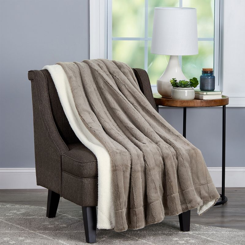 Hastings Home 60" x 70" Hypoallergenic Faux Fur Jacquard Throw Blanket with Faux Shearling Back - Coffee, 2 of 5