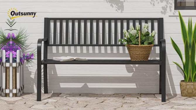 Outsunny 50" Garden Park Bench, Slatted Steel Outdoor Decorative Loveseat for Patio Lawn, 2 of 8, play video