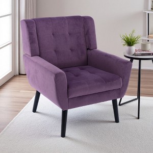 Modern Velvet Accent Chair with Curved Back and Wood Legs - 1 of 4