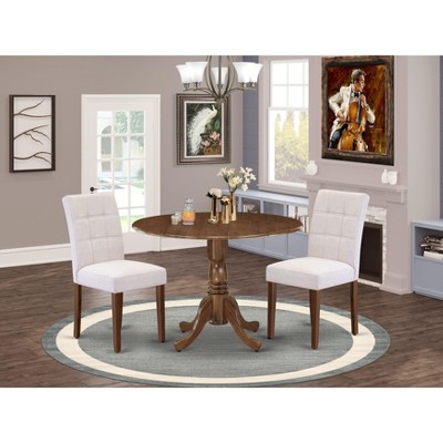 East West Furniture DLAS3-AWA-08 3 Piece Dinner Table Set Includes A Mid Century Modern Table and 2 Mist Beige Linen Fabric Dinning Chairs Antique